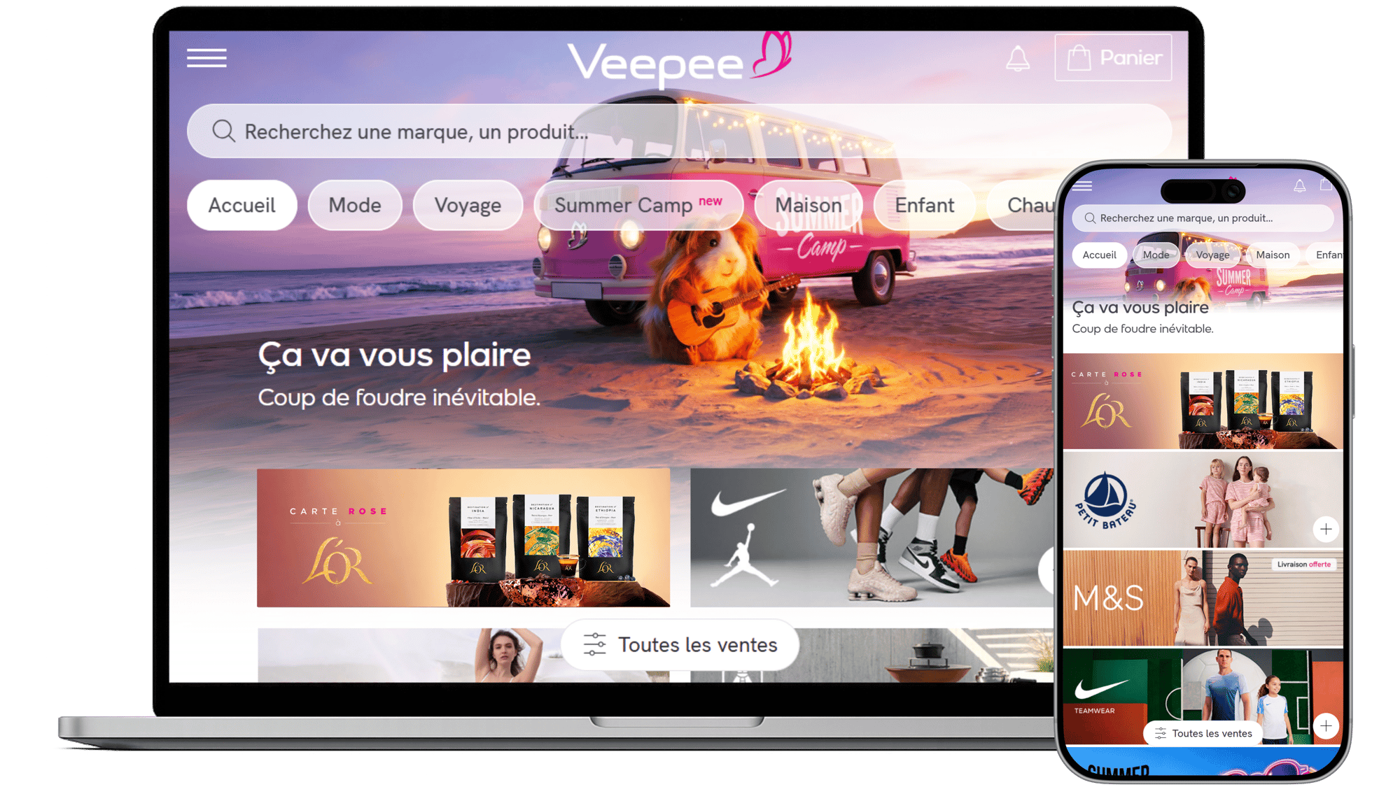 Page d'accueil Veepee avec mockup ordinateur et téléphone