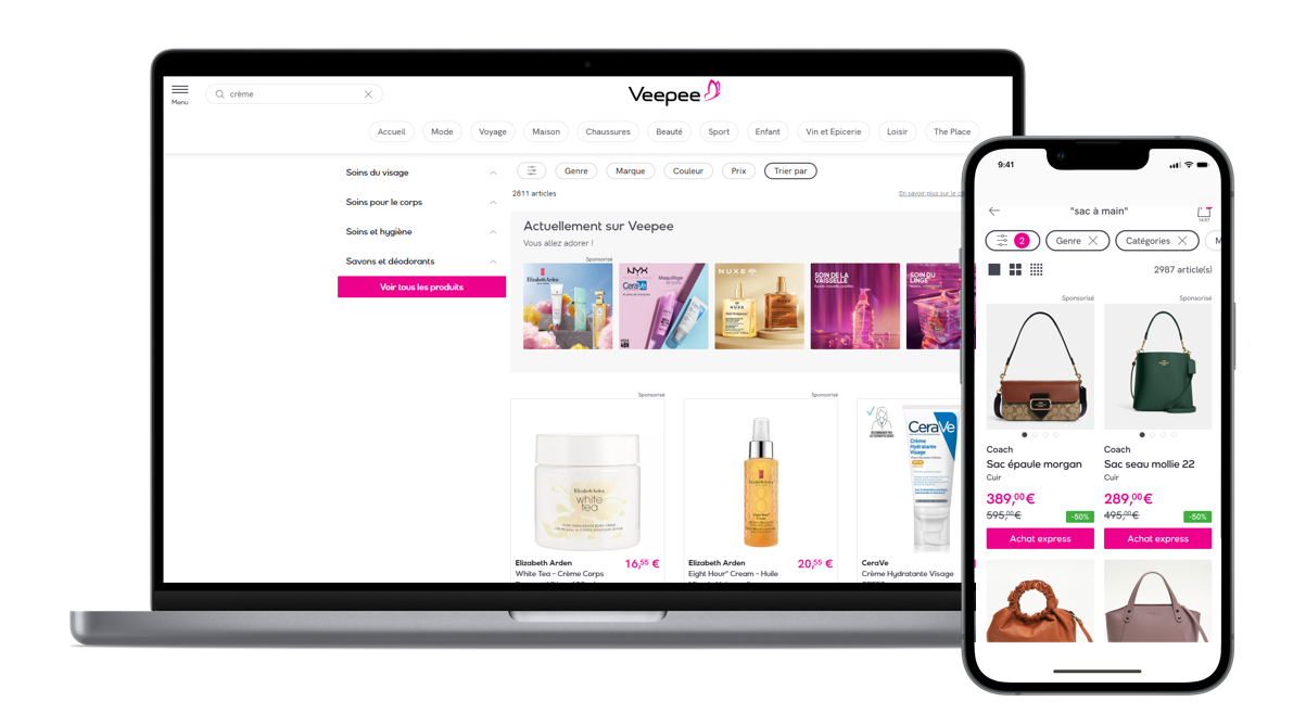Campagne de Sponsored Products et Sponsored Brands en Search Retail sur Veepee pour Coach et Elizabeth Arden