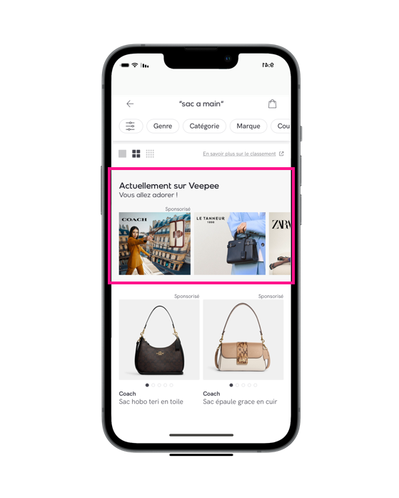 Campagne de Sponsored Brands Coach en Search Retail sur le site Veepee 