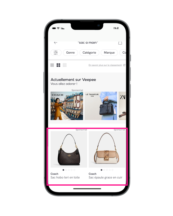 Campagne de Sponsored Products Coach en Search Retail sur le site Veepee 